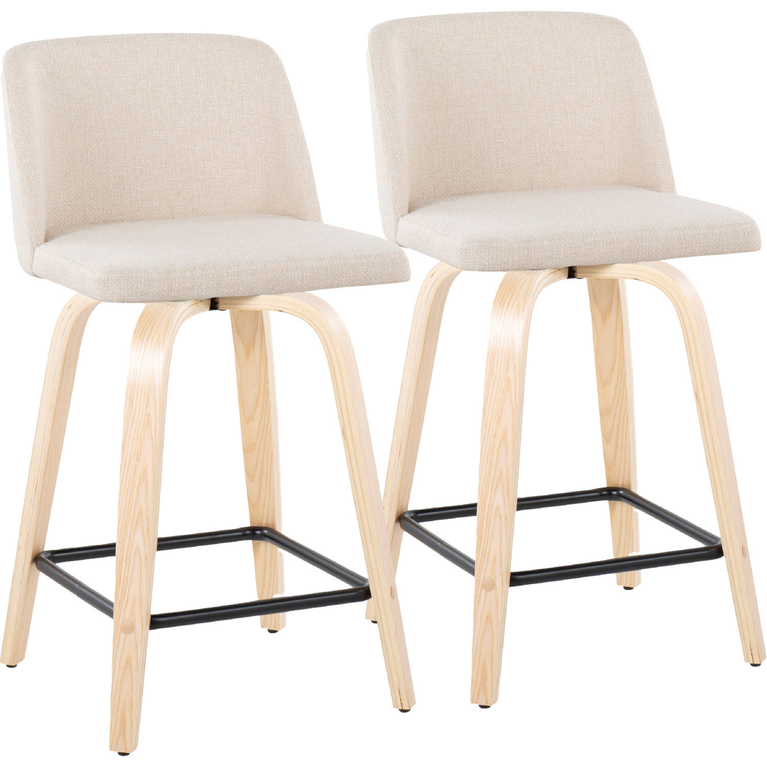 Toriano 24" Swivel Counter Stool in Natural Wood & Cream Noise Fabric w/ Black Footrest (Set of 2)